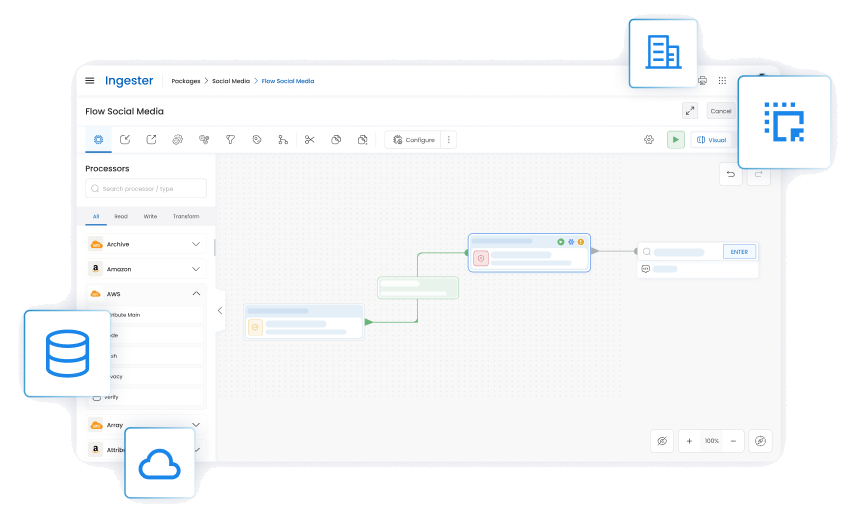 The Ingester flow canvas building a pipeline by dragging processors onto a visual board